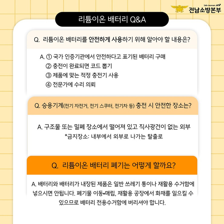 강진소방서, 리튬이온배터리 사고 예방...